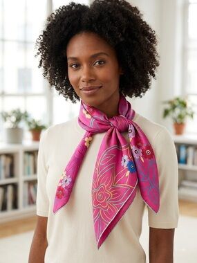 Who’s Baby 100% Mulberry Silk Vibrant Pink Floral Scarf